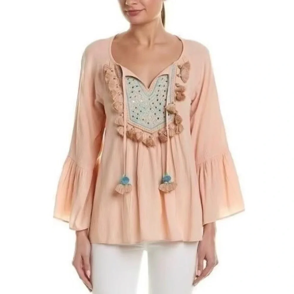Lilly Pulitzer Peach Boho Tassel Embroidered‎ Bell Sleeve Blouse Top Small